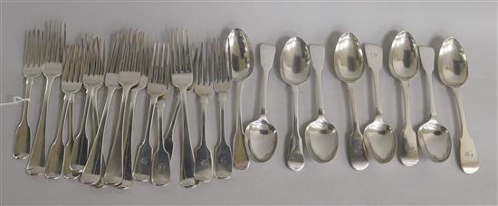 A harlequin part canteen of 19th century silver fiddle pattern flatware, 24 items, various date and makers, 37 oz.